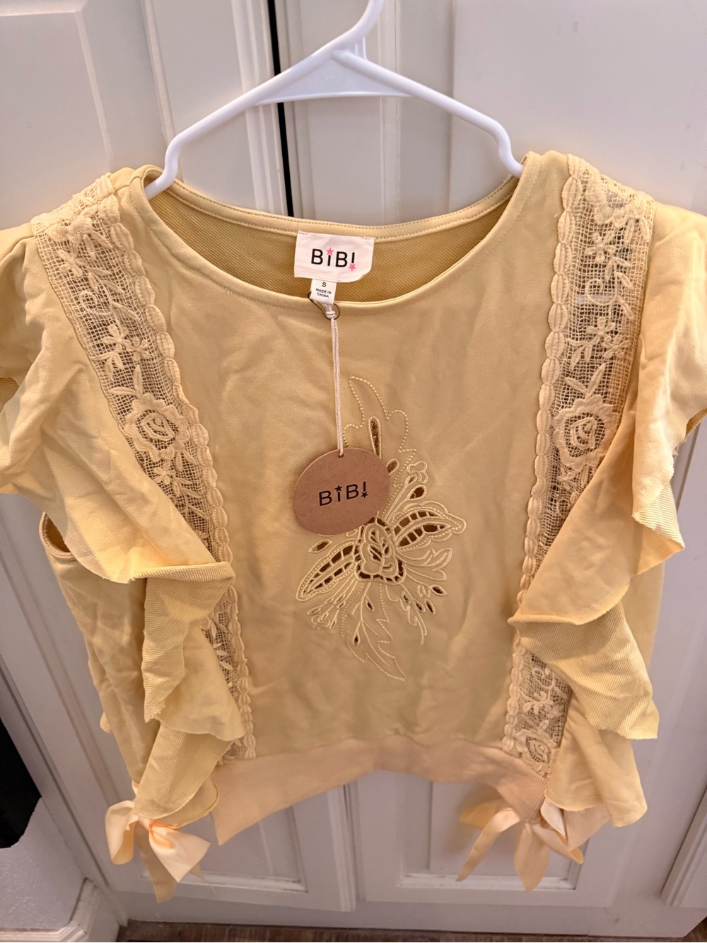 BiBi Pale Yellow Lace & Ruffle Short Sleeve Top